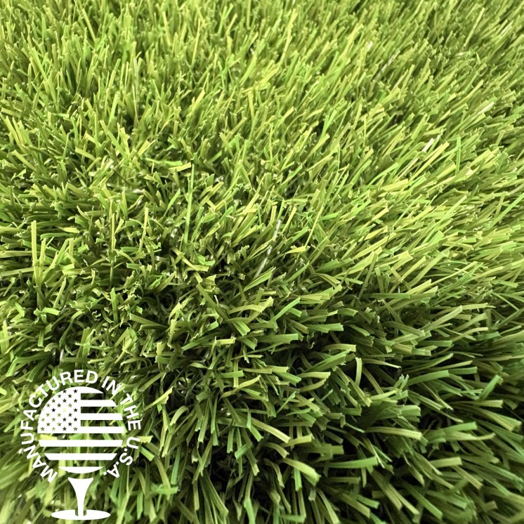 Close up image of artificial turf with a Manufactured in the USA logo in the bottom left. Close up image of artificial turf with a Manufactured in the USA logo in the bottom left.